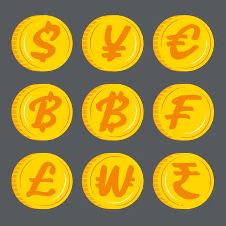 Gold coins with currency symbol icon vector. Flat design.のイラスト素材