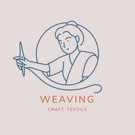 Weaving vector logo design. Line art minimal illustration. Woman working on weaving textileのイラスト素材