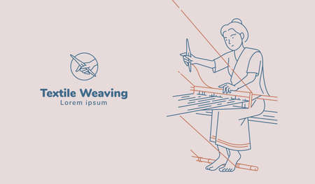 Woman working on weaving hand woven illustration. Line art vector.のイラスト素材