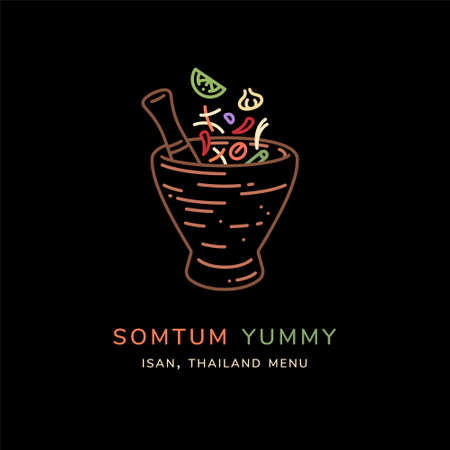 Green papaya salad (Som Tum) line art vector illustration. Som tam,thai cuisine menu. Som Tum is Thai language mean to green papaya salad food menu.のイラスト素材