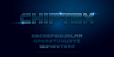 Typography digital chip design concept vector. Printed circuit board style font. Digits space and system technology alphabets single line typeface.のイラスト素材