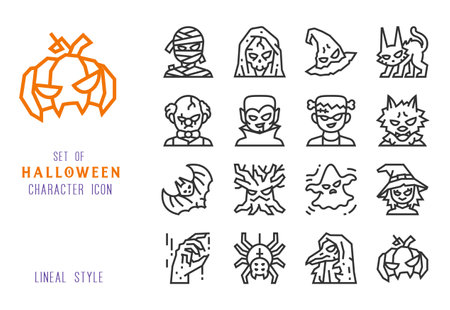 Halloween character line icon set for decorationのイラスト素材