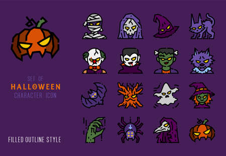 Halloween character colored line icon set for decoration. Filled outline detailed pictogram.のイラスト素材