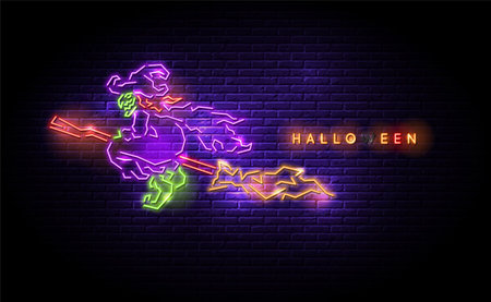 Old witch flying with magic broom neon light halloween celebration vector illustration.Hag, Baba Yaga.のイラスト素材