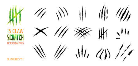 Claw scratch vector illustration. Set of cruel animal scratches horror and grunge concept in silhouette isolated on white background.のイラスト素材