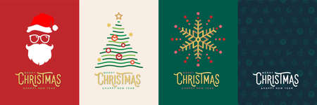 Merry christmas and happy new year card greeting invitation vector illutration. Santa claus, christmas tree, snowflake decoration, seamless icon background concept design.のイラスト素材