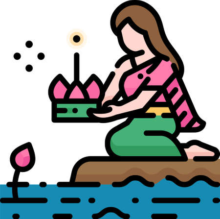 Loi Krathong festival filled outline icon vector illustration. Thai woman with traditional clothing floating Krathong. Loi Krathong is a Thailand floating decorated basket annual festival to respect river spiritのイラスト素材