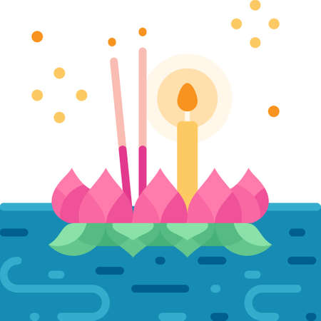 Loi Krathong festival flat icon vector illustration.Loi Krathong is a Thailand floating decorated basket annual festival to respect river spiritのイラスト素材