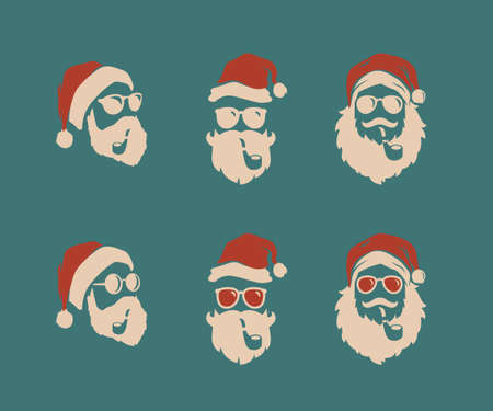 Hipster Santa claus vintage vector illustration set. With nice beard mustache and cigar.のイラスト素材
