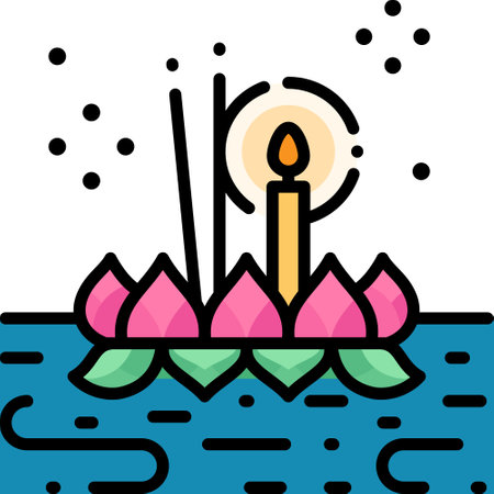 Loi Krathong festival colored line icon vector illustration.Loi Krathong is a Thailand floating decorated basket annual festival to respect river spiritのイラスト素材