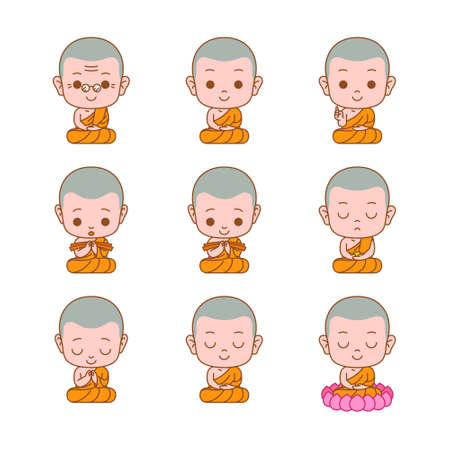 Cute monk cartoon colored line vector illustration in sitting,meditation,learning, etc.のイラスト素材