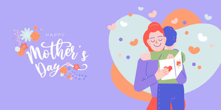 Happy mother's day celebration vector illustration. Mom and child give hug with organic flowers wreath decorative greeting flourish text for invitation card,presentation,social media,poster,printing,promotion,etc.のイラスト素材