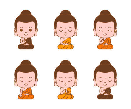 Little buddha cartoon character meditation colored outline vector illustrationのイラスト素材
