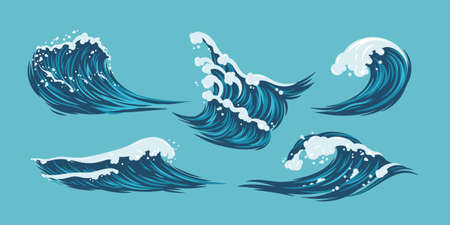 Sea wave,ocean vector flat design illustration.Isolated water splash set.Graphic elements resource.のイラスト素材