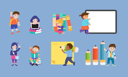 kids and learning flat vector illustration. boys and girls student elementary pose action for decoration, presentation, brochure, poster, education, etc.のイラスト素材