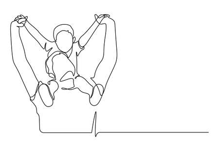 Father carrying son on shoulders with arm raised pose action line art vector illustration. One line drawing and continuous styleのイラスト素材