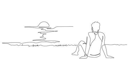 man sitting on sea beach and sunset scenes view illustration in one line drawing. Continuous line art hand drawn vector styles.のイラスト素材