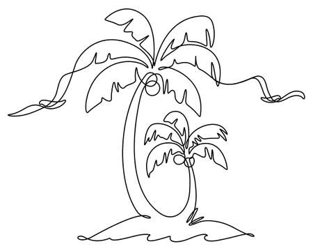 Continuous line art of summer sea island and palm tree with birds scenery. vector illustration for advertising,promote,poster,etc.のイラスト素材
