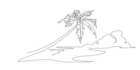 sea beach with coconut tree scenes one line drawing illustration. Contour line art styles vector for wallpaper, backgrounds, web banner decoration and summer tourism conceptsのイラスト素材