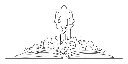 One line drawing of rocket spaceship and book graduation for dream,imagination,creativity conceptual. Continuous line art vector illustrationのイラスト素材