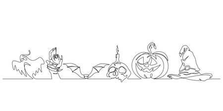 halloween design element set decoration in continuous line drawing style vector illustrationのイラスト素材