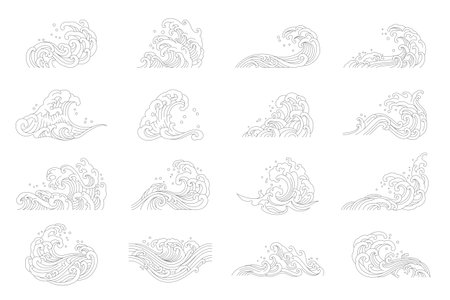 oriental wave splashing water shape outline vector illustration setのイラスト素材