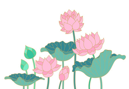 lotus water lily flowers and leaves decoration asian thai style filled outline vector illustrationのイラスト素材