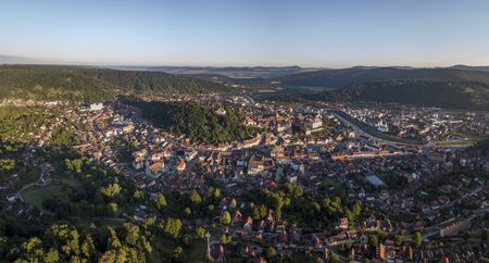 Aerial view of Sighisoara in Romania at sunriseの写真素材