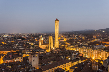 Evening view of the Two Towers in Bolognaの写真素材