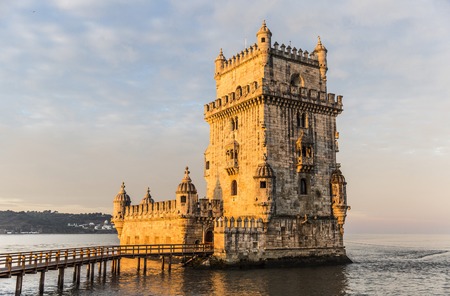 Sunrise view of historical Belem tower in Lisbonのeditorial素材