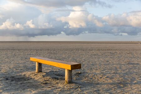Lone bench on the beachの写真素材