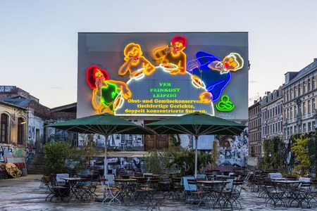 The Spoon Family - one of the most iconic neon signs of the former East Germany in Leipzigのeditorial素材