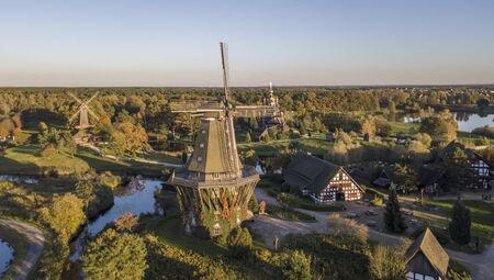 Aerial view of windmills in the openair museum in Gifhorn, Lower Saxony, Germanyのeditorial素材