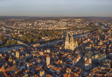 Aerial view of the medieval center of Regensburgの写真素材