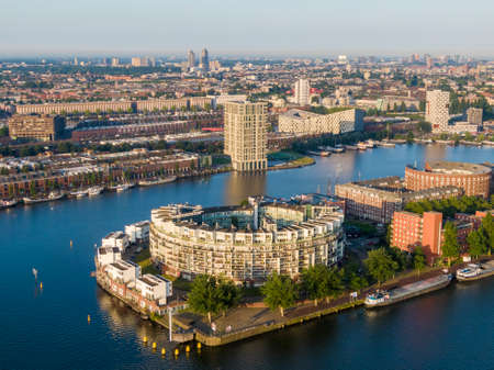 Aerial view of KNSM island and Emerald Empire residential building in Amsterdam, Netherlandsの写真素材