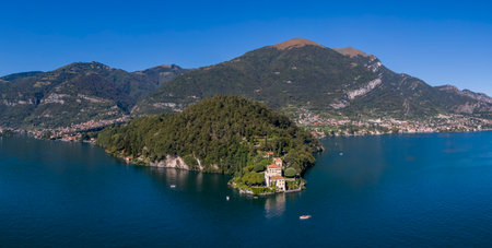 Aerial view of the Villa del Balbianello on the Lake Comoの写真素材
