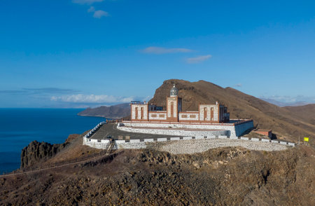 Aerial view of Entallada Lighthouse, an active lighthouse on the Canary island of Fuerteventuraの写真素材