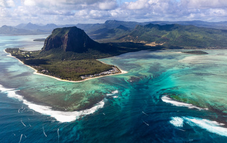Aerial summer view of the famous underwater waterfall in Mauritiusの写真素材