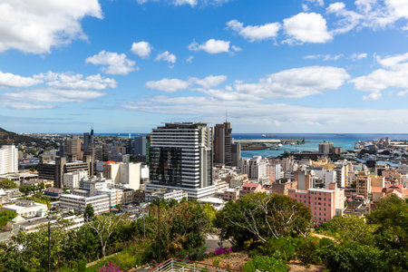 Aerial panorama of Port Louis, Mauritius, urban cityscape with high-rise buildingsの写真素材