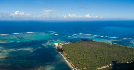 Aerial view of Le Morne Peninsula with turquoise waters in Mauritiusの写真素材
