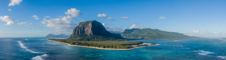Aerial view of iconic Le Morne Peninsula with beach and mountain in Mauritiusの写真素材