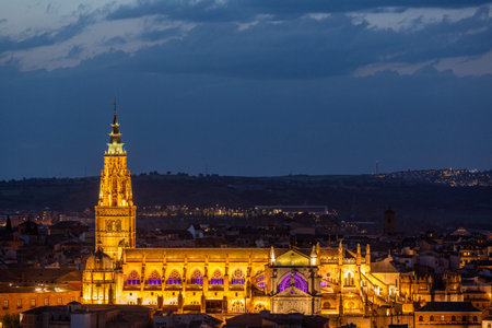 Aerial night view of the illuminated Toledo Cathedral, Spainの写真素材