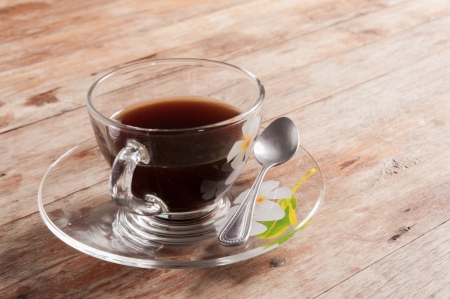 Black Coffee on old wooden tableの写真素材