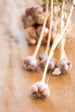 raw garlic on a wooden plankの写真素材