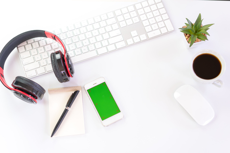 White Workspace with keyboard  mouse And notebookの写真素材
