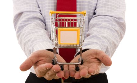 Shopping Concept - Hand holding a trolley shop (put your text on the Trolley)の写真素材