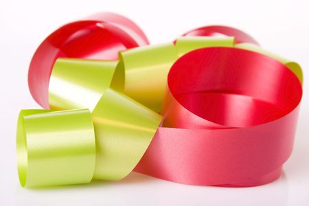 Close-up of red and green ribbonsの写真素材
