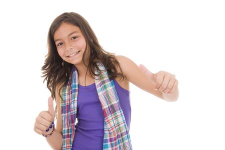 Beautiful young girl doing thumbs-up isolated on whiteの写真素材