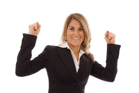 Beautiful business woman  with her arms in the air isolated on whiteの写真素材