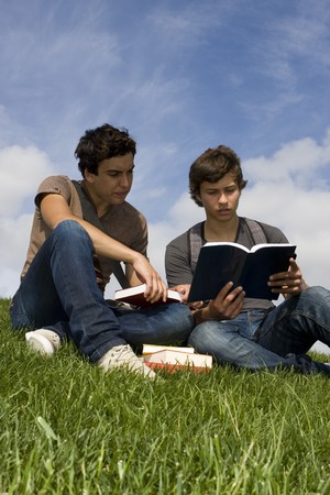 Two teenager students sit on the grass reading a bookの写真素材